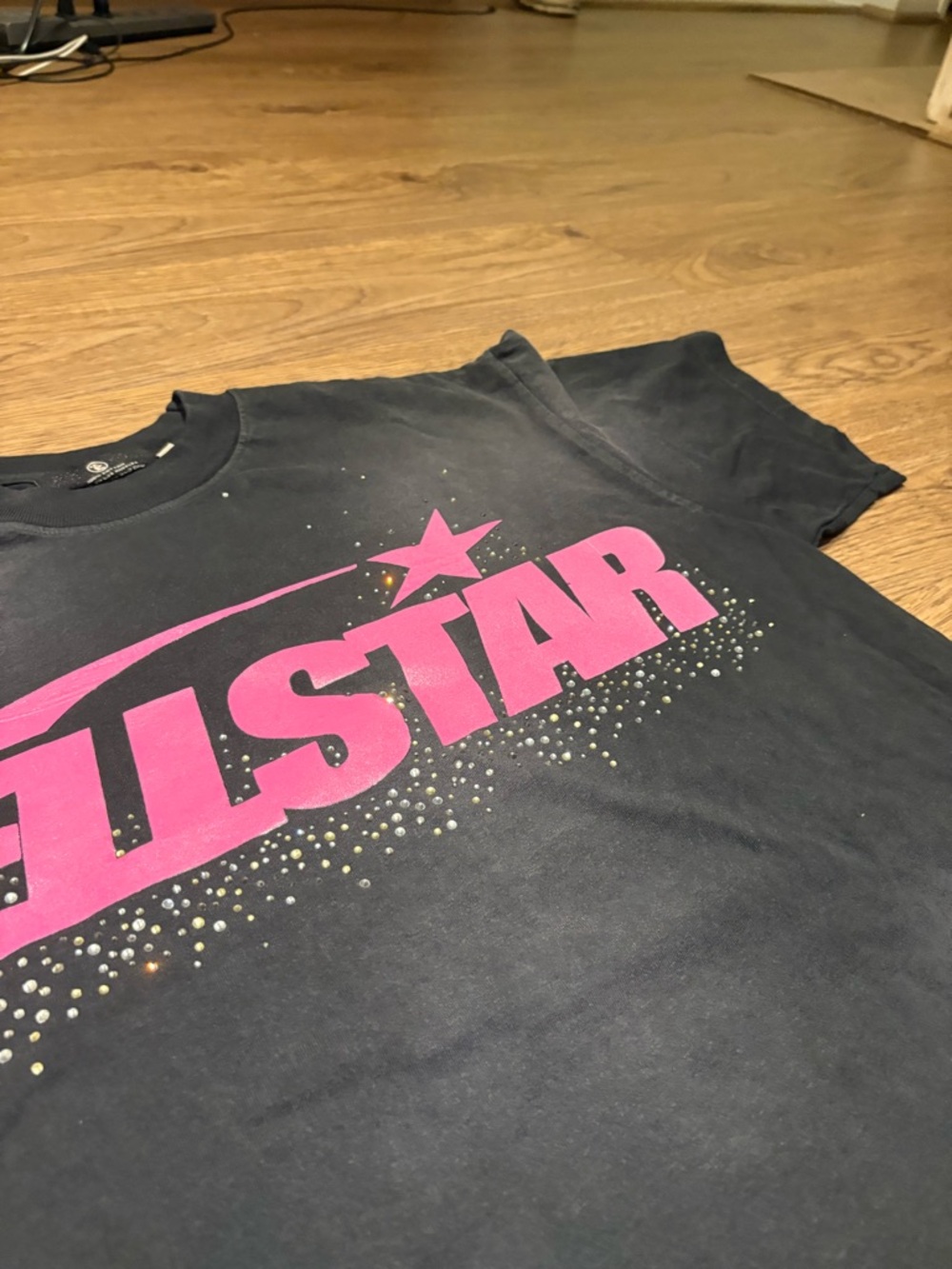 Black Hellstar Rhinestone Tee With Pink Lettering - Picture 3 of 5